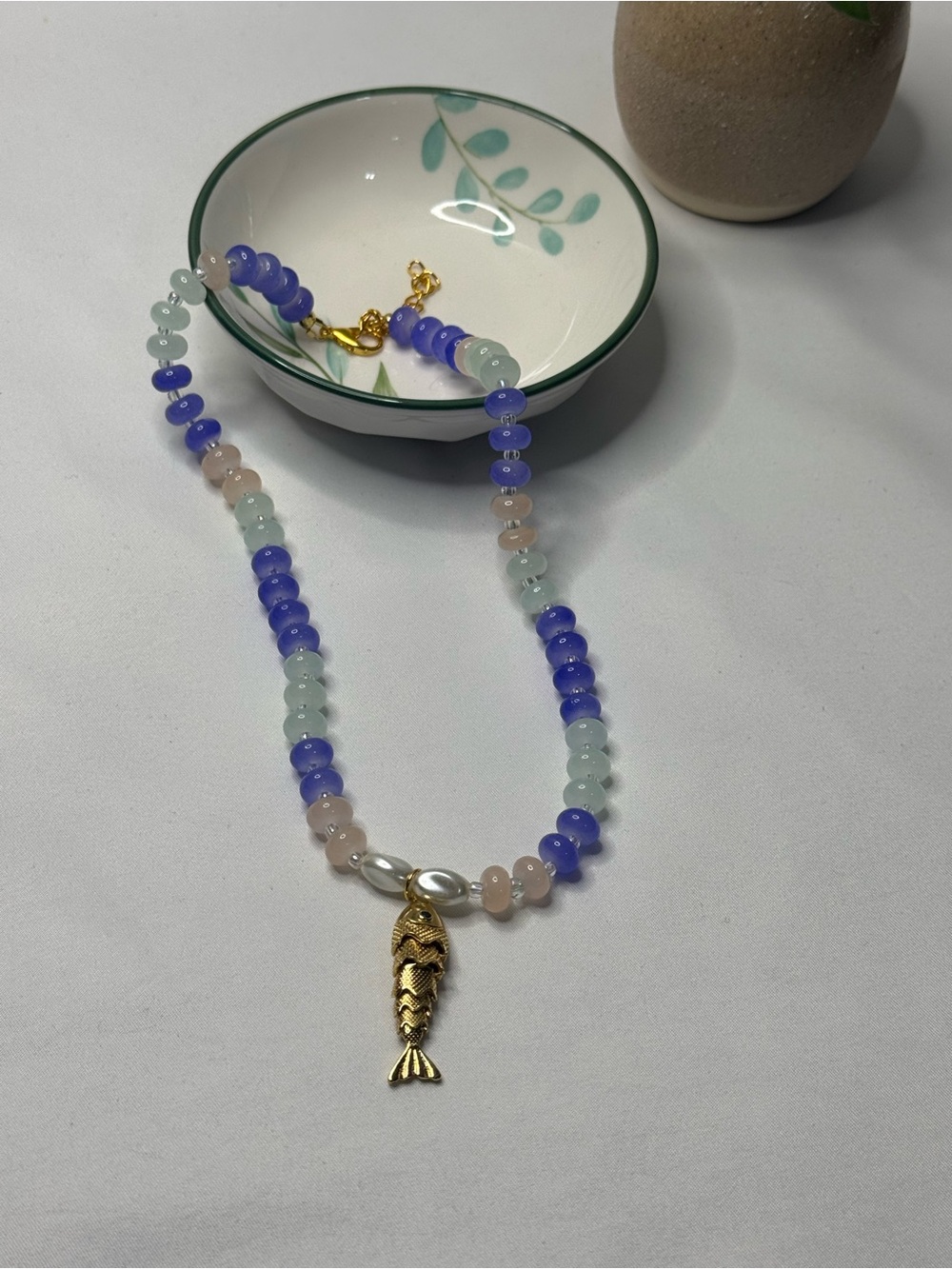 Gold Fish Charm Beaded Necklace - Blue, Pale Green & Pink